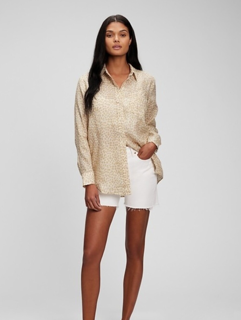 GAP Linen Boyfriend Shirt Small Beige Leopard Print